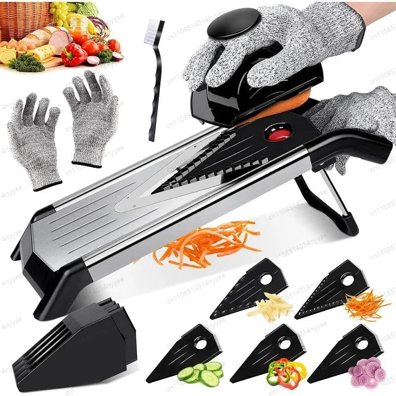 Mandoline à légumes 5-en-1 V maddoline avec son bouton poussoire son étui a lames les lcinq lamesà côté