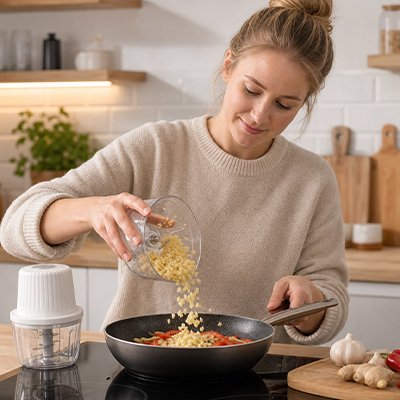 Mini hachoir electrique femme verse le hachi dans les aliments