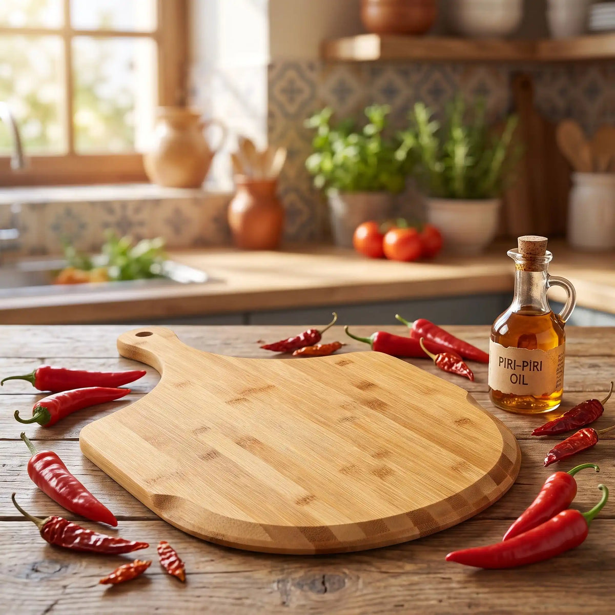 Planche à découper en bambou pour Pizza avec des piments tout autour de la planche une boutelle de piripiri