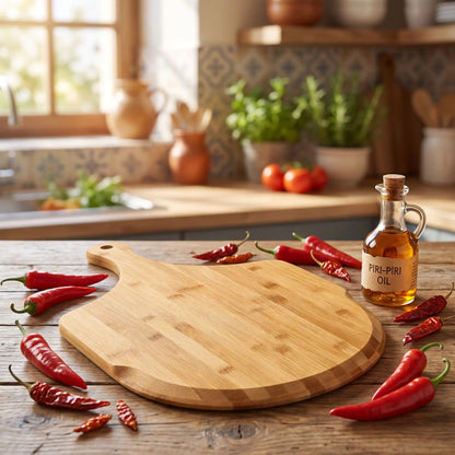 Planche à découper en bambou pour Pizza avec des piments tout autour de la planche une boutelle de piripiri