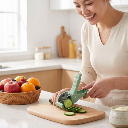  trancheuse de légumes et de fruits  personne coupe un concombre avec l'appareil 