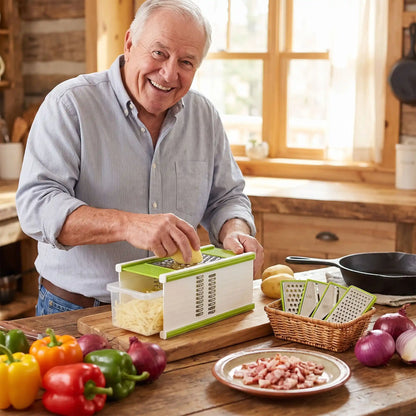  trancheuse de légumes et de fruits homme heureux avec sa trancheuse 