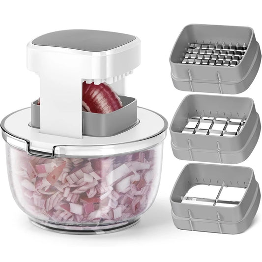 hachoir à légumes multifonctionnel 3-en-1 avec ses trois grilless de coupe