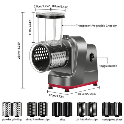 ) mandoline électrique 5-en-1 automatique  appareil avec outes ses grilles  et ses dimensions 