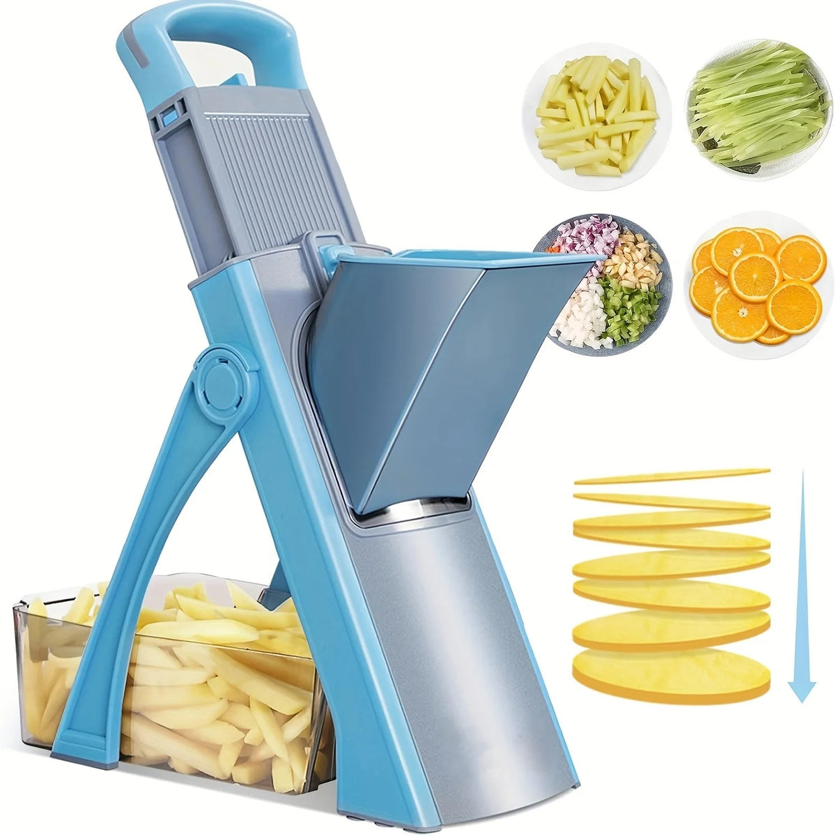  mandoline multifonctionnelle pour légumes avec son reservoir de recupération  avec quatre  différentes coupes de légumes 