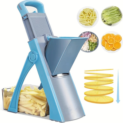  mandoline multifonctionnelle pour légumes avec son reservoir de recupération  avec quatre  différentes coupes de légumes 