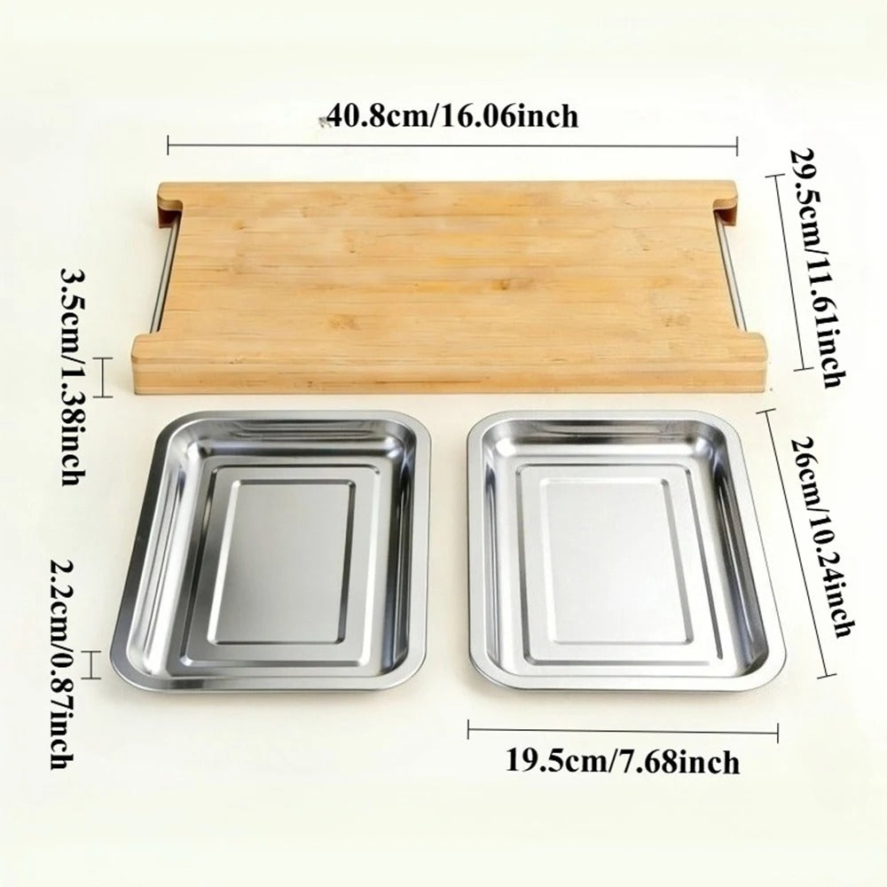 Planche à découper bambou avec tiroirs  ce sont les dimensions la planche 40,8 cms x29,5 cmsX3,5 cms  les bacs 26cms x 19,5 cms x H 2,2 cms 