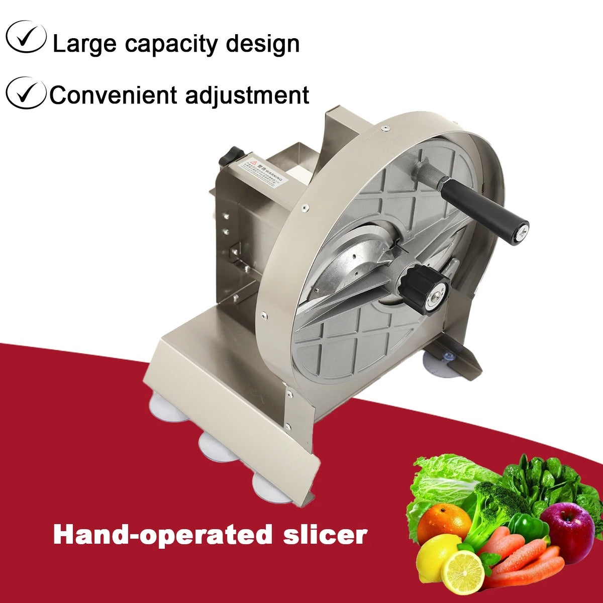  coupe-fruits et légumes manuel préentation de la machine vue sous un autre angle , les ventouses , la roue coupante qui fonctionne avec une manivelle 