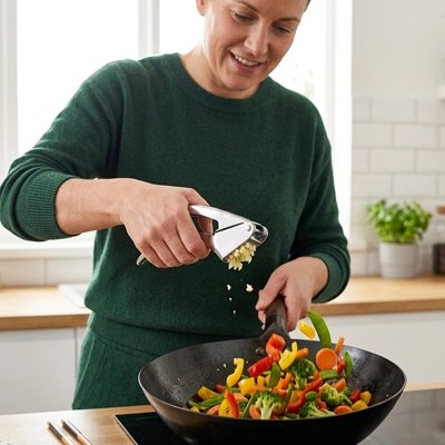Presse ail personne joyeuse de cuisiner 