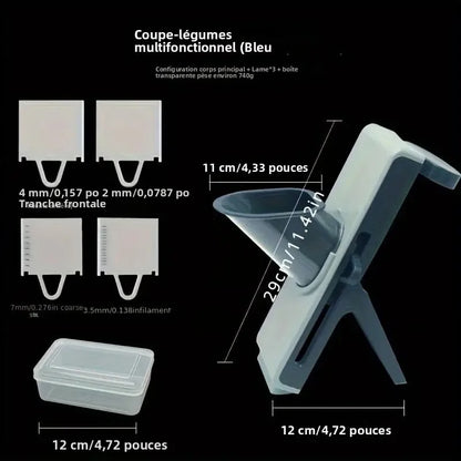  trancheuse alimentaire mandoline  aavec es dimensions la base 12 cms  la hauteurn 29 cms  l'ouvert pour mettre les légumes  11 cms il y a les quarte grilles de coupe  et le bac pour les légumes 