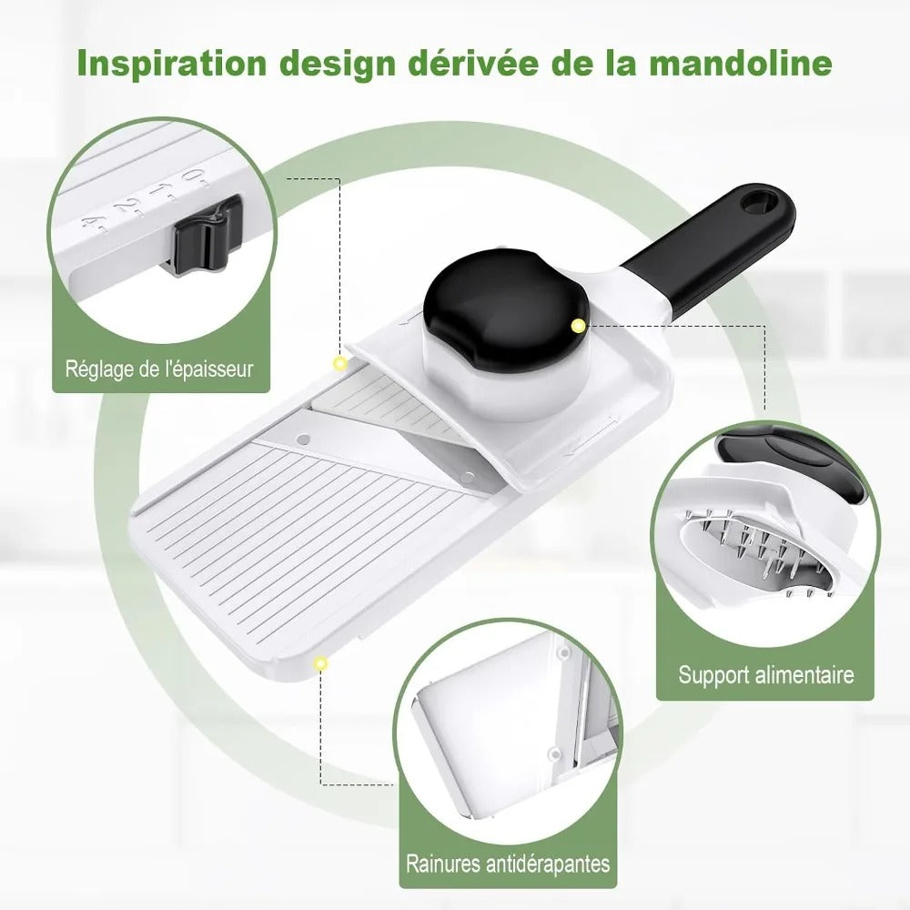 Mandoline coupe-légumes réglable 1-4 mm  règlage d'epaisseur, support alimentaire, rainures antiderapantes 