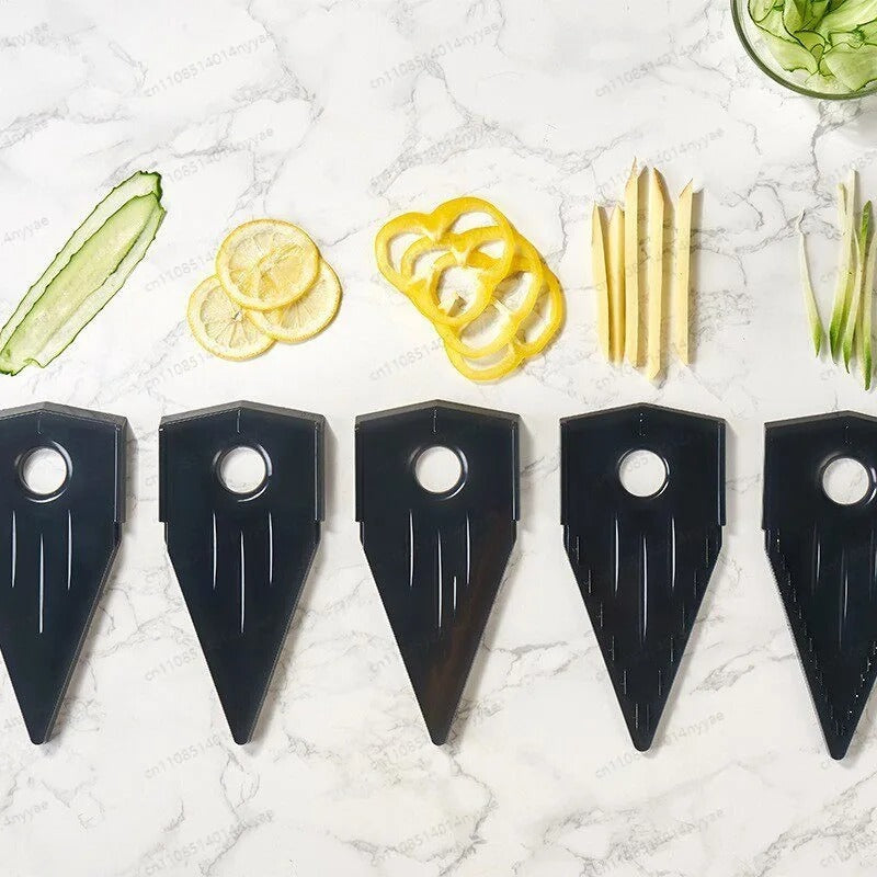 Mandoline à légumes 5-en-1 V  présentation de cinq lames avec chaque coupe differente 