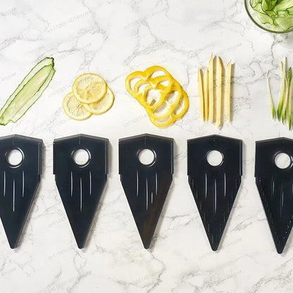 Mandoline à légumes 5-en-1 V  présentation de cinq lames avec chaque coupe differente 