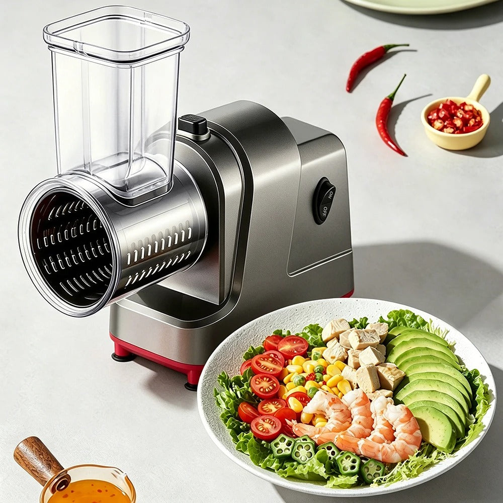 mandoline électrique 5-en-1 automatique image de l'appareill en entier avec une assiette de légumes coupés 