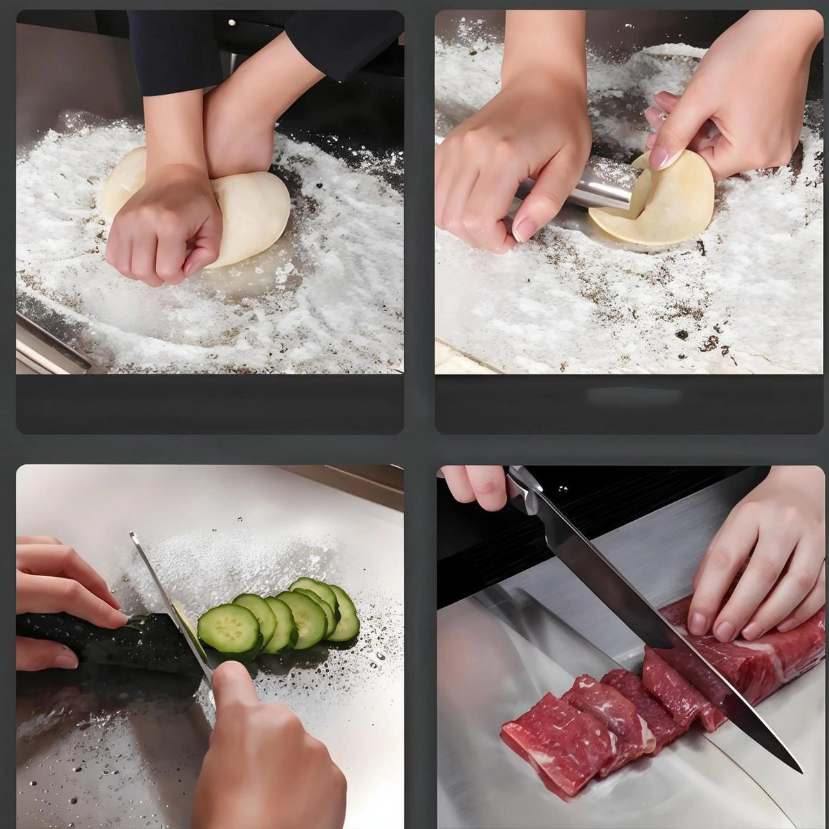 planche à découper en acier inoxydable 304 deux personnes qui pétrissent la pâte ,une personne qui coupe de la viande , une personne qui coupe un concombre