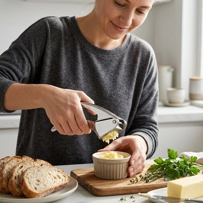 Presse ail  femme met de l'ail pressé da une tasse 
