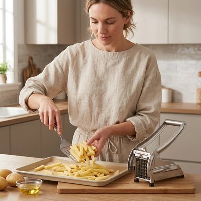 Coupe frite femme heureuse de son  appareil  avec un plateau de frites 