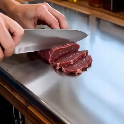 Grande planche à pétrir en acier inoxydable une personne qui coupe de la viande 
