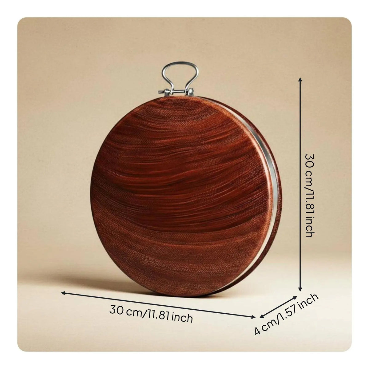  Planche à découper en bois de fer  avec ses dimensions  épaisseur 4 cms circonférence 30 cms 