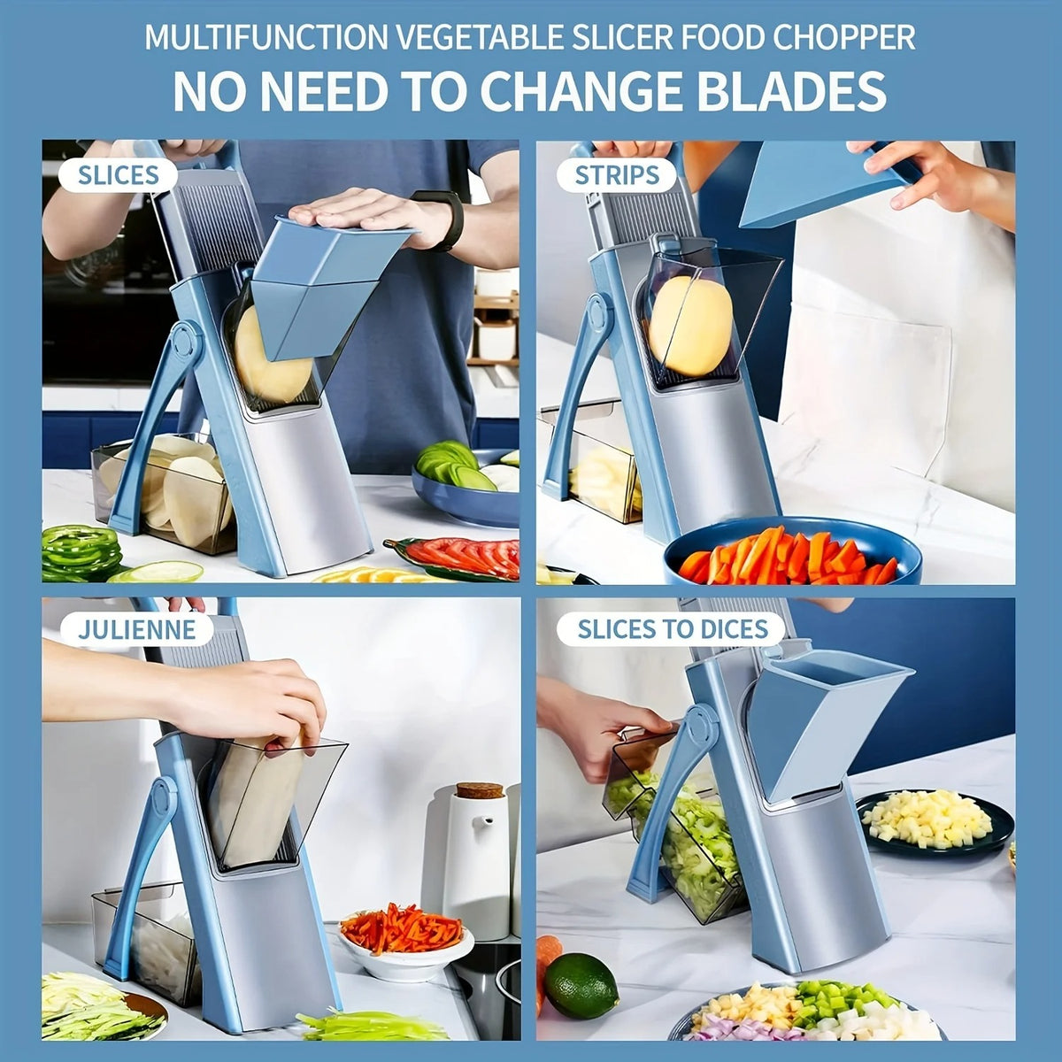 mandoline multifonctionnelle pour légumes 4 images représentants différentes conditions de taille ,1 tranche ,2 bandes, 3 juleinne ,4 tranches en des 