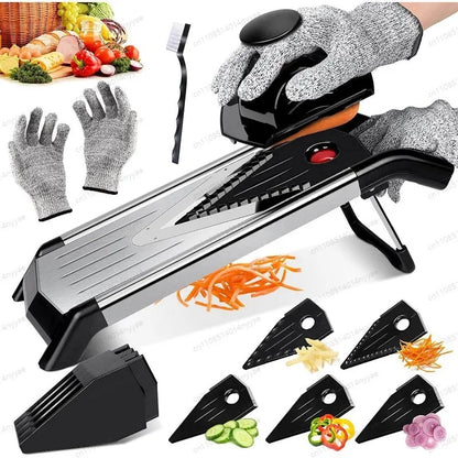Mandoline à légumes 5-en-1 V maddoline avec son bouton poussoire son étui a lames les lcinq lamesà côté 