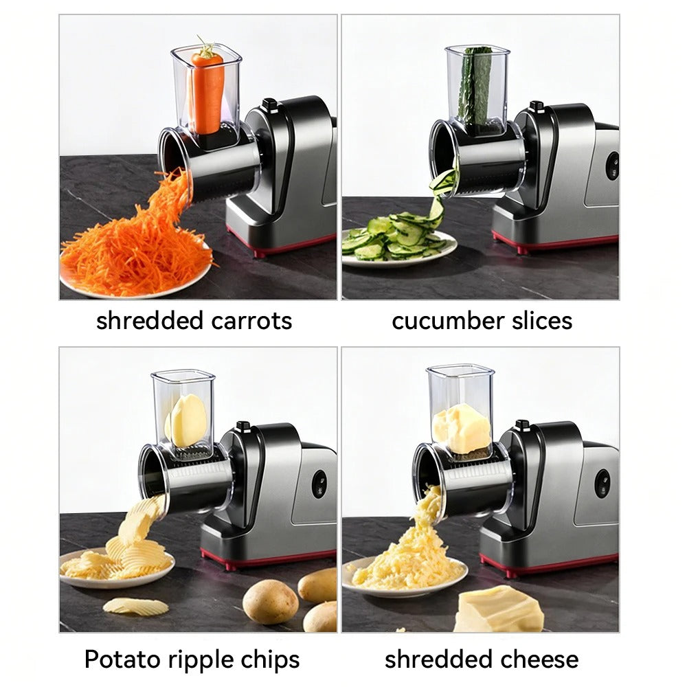 mandoline électrique 5-en-1 automatique , quatre  appareils en images , 1 aveccarottes râpées , 2 avec tranches de concombres , 3 chips ondulées , 4 fromage râpé 