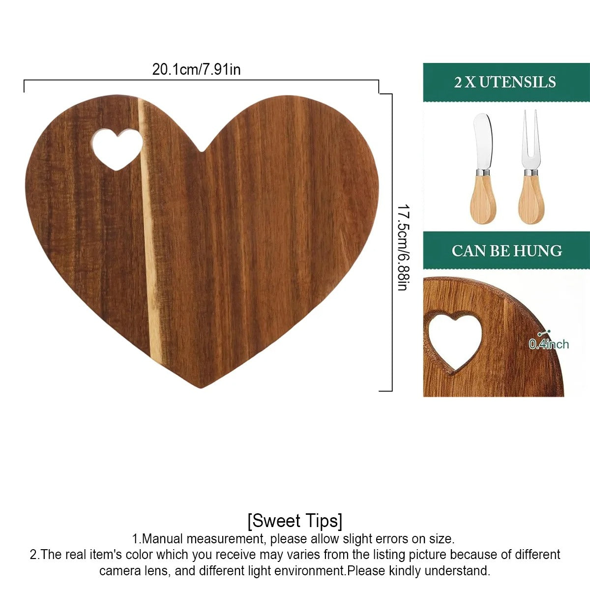 planche à fromage en forme de coeur  avec ses dimensions 20.1 cms en largueur  17. 5 cms en longueur 