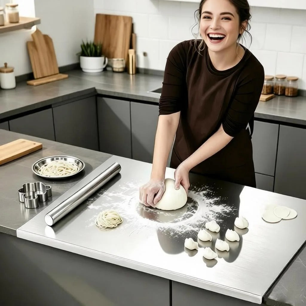
Grande planche à pétrir en acier inoxydable
personne  joyeuse qui patisse 