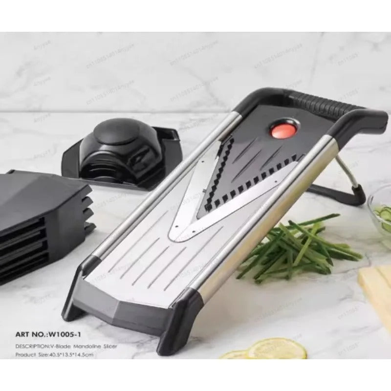 Mandoline à légumes 5-en-1 V  mandoline avec ses lames et son bouton poussoire 