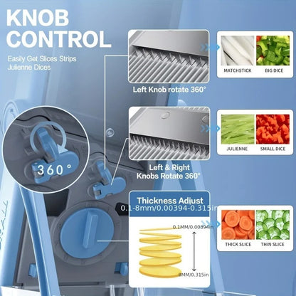 mandoline multifonctionnelle pour légumes commande par bouton,rotation du bouton , boutons gauche , droite pivote à 360 °,règlage de 0,1 mn à 8mns 