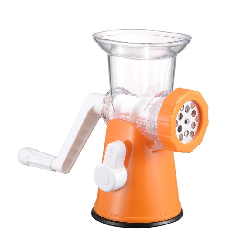 Hachoir à viande manuel multifonction  ave son socle et son poussoir pour qu'il adère à la table , sa manivelle, sa grille pour hacher , son récipient transparent 