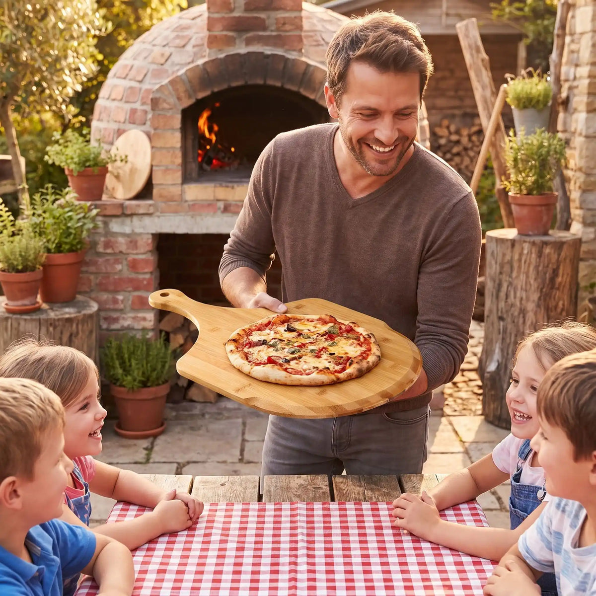 Planche à découper en bambou pour Pizza  image IA un papa avec la plance dessus une pizza 
