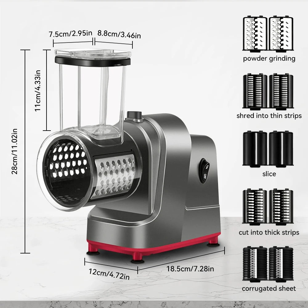mandoline électrique 5-en-1 automatique avec ses dimensions H 28 cms  la base  L 12cms L 18,5 cms  et ses grilles 