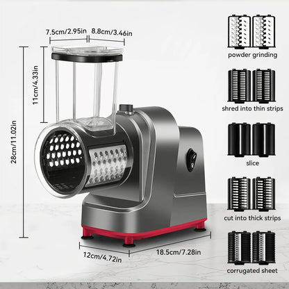 mandoline électrique 5-en-1 automatique avec ses dimensions H 28 cms  la base  L 12cms L 18,5 cms  et ses grilles 