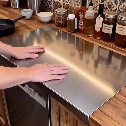 Grande planche à pétrir en acier inoxydable une personne qui à les mains sur la planche  
