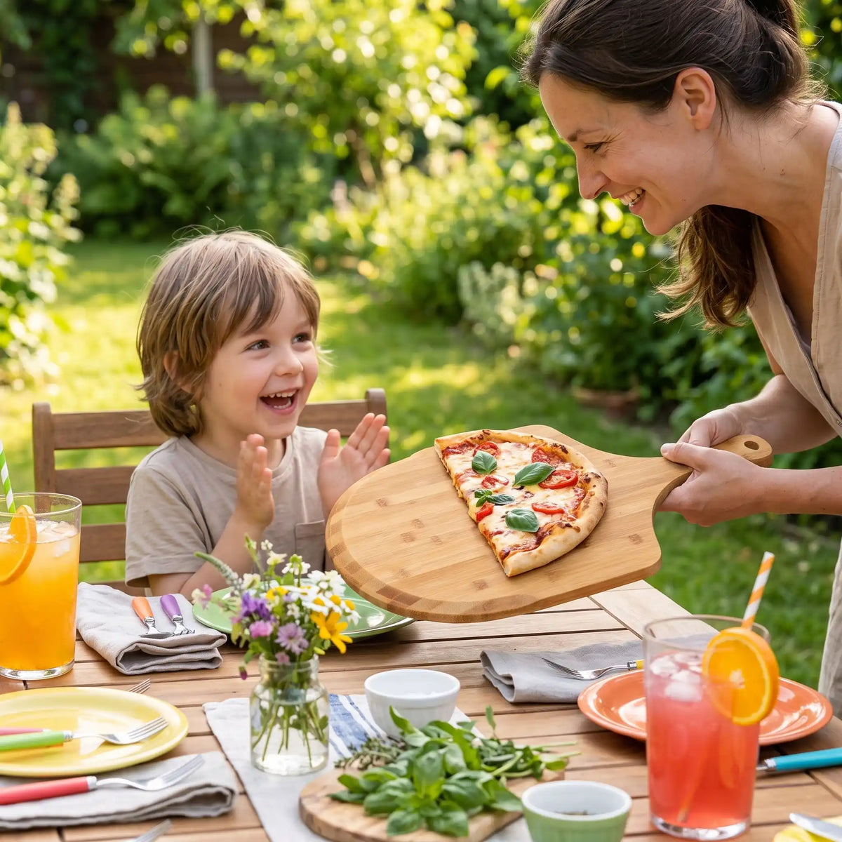 Planche à découper en bambou pour Pizza IA enfant devant la planche à pizza  