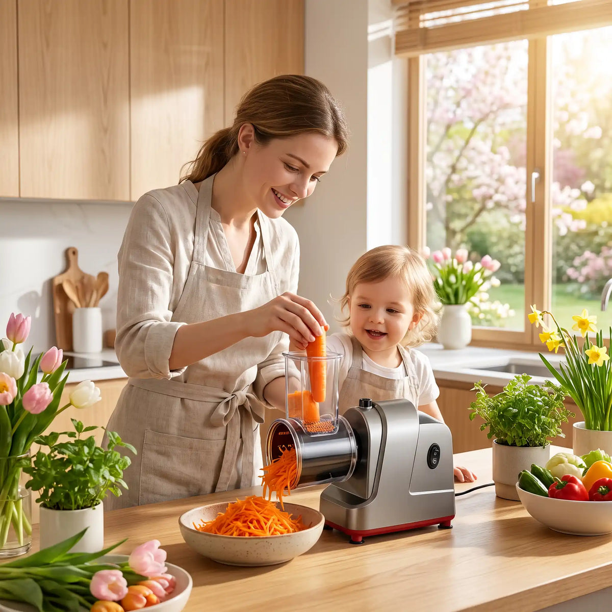 mandoline électrique 5-en-1 automatique imae IA  une femme et un  enfant  qui râpe des carottes 