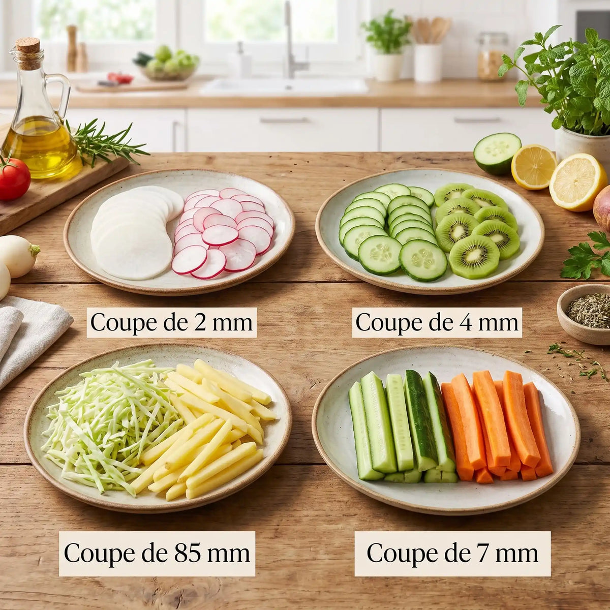 trancheuse alimentaire Mandoline   image IA quatre assiettes représentant plusieurs formes de coupes 
