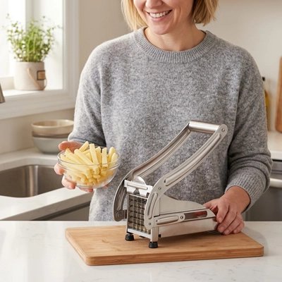 Coupe frite utiliser par une femme qui est satisfaite de ses frites 