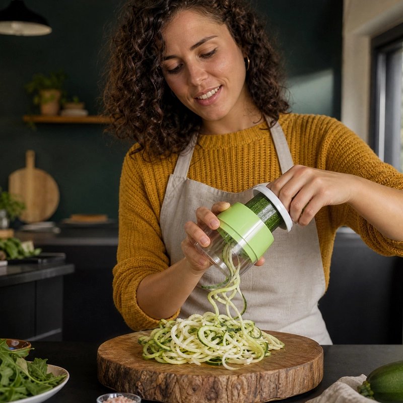 Coupe legumes. femme jouant avec l'appareil 