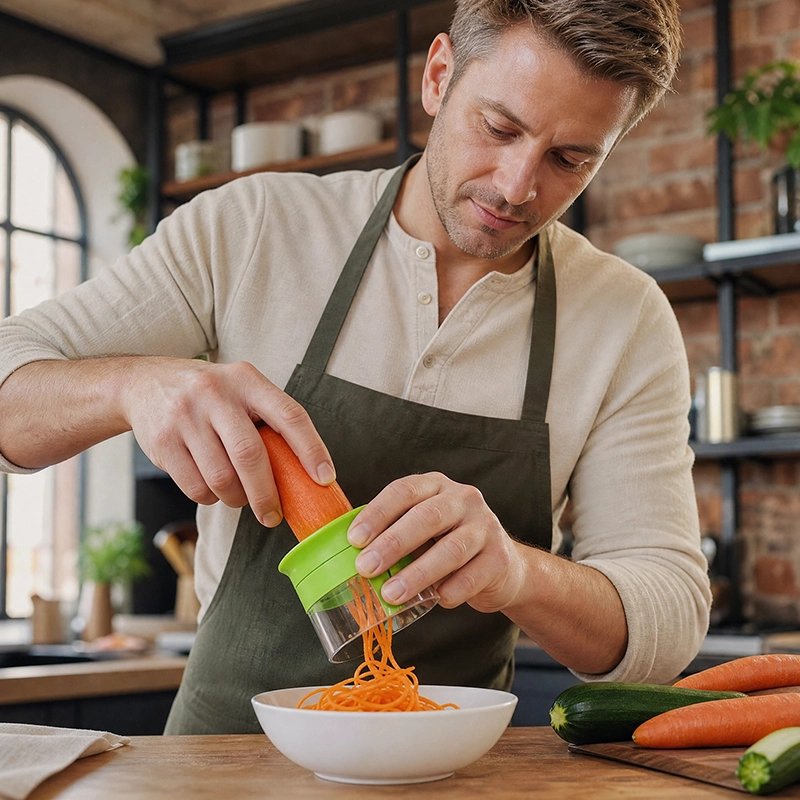 Coupe legumes homme fait des spagettis de carottes 