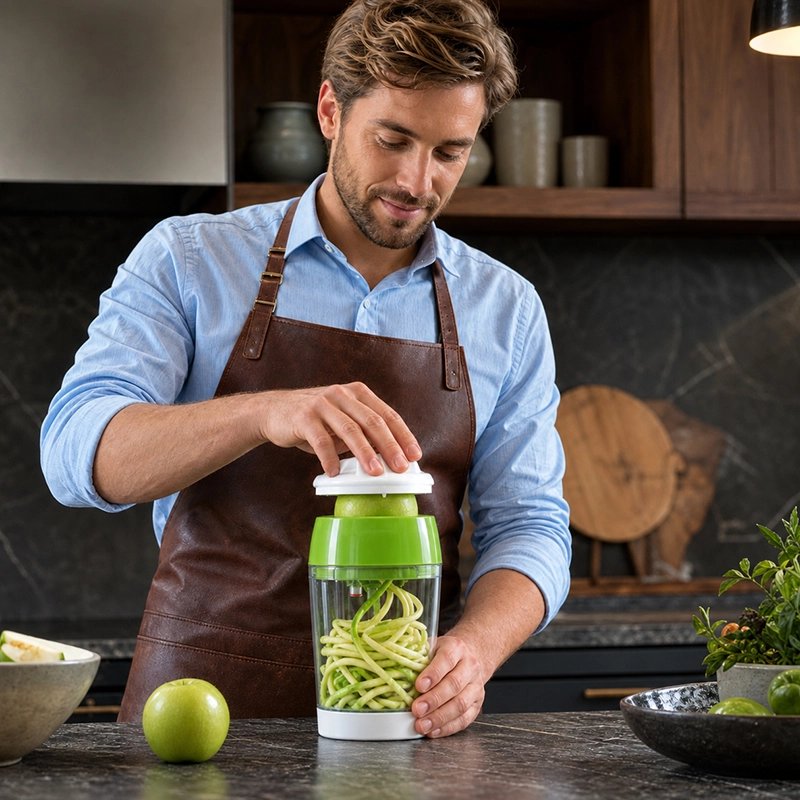 Coupe legumes. homme qui se sert de l'appareil 