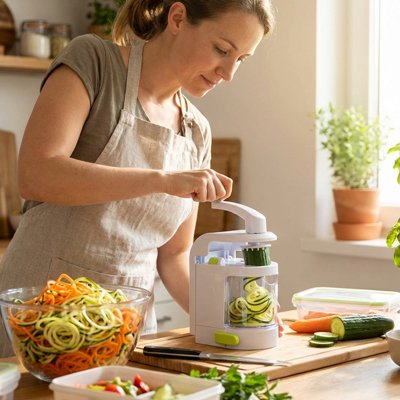 coupe légumes utilisé par un femme qui fait des spirale de concombre 