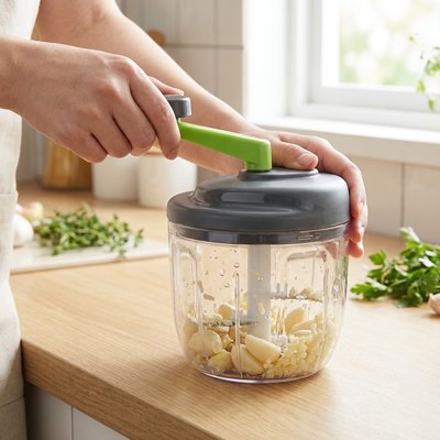 Hachoir manuel  avec son récipient en verre 