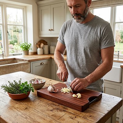 Planche à découper bois homme qui coupe de l'ail
