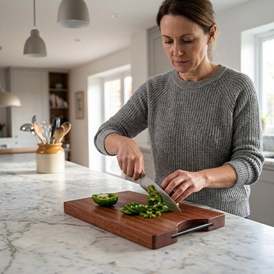 Planche à découper bois femme qui coupe des poivrons 