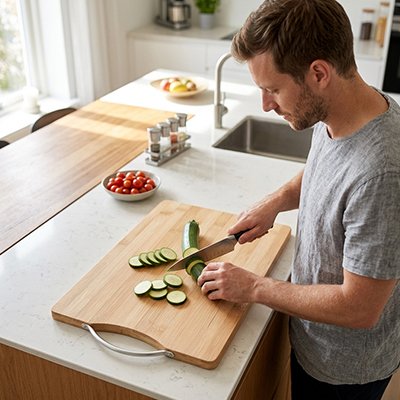 Planche à découper bois homme qui découpe 