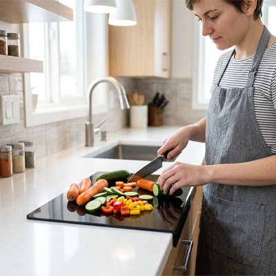 Planche a decouper  femme découpe ses légumes