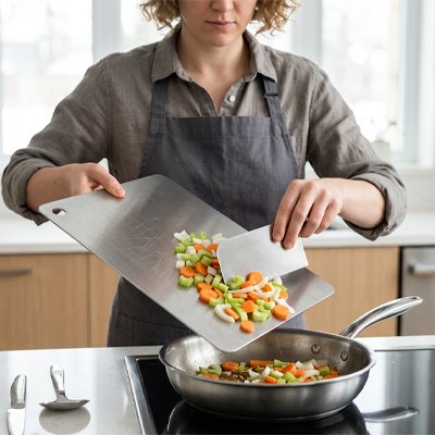 Planche a decouper femme fait glisser les légumes 