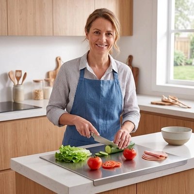 Planche à découper femmme coupe les légumes 